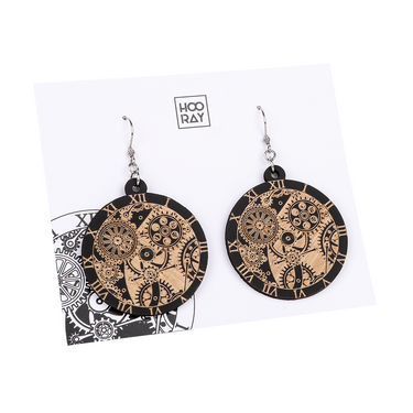 Dřevěné náušnice HOORAY Black Clockwork